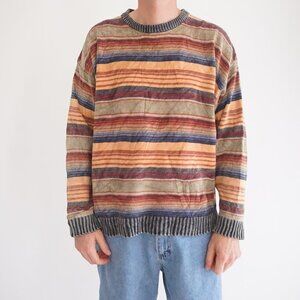 Geoffrey Beene Green Orange Striped Biggie Eclectic 100% Cotton Knit Sweater L